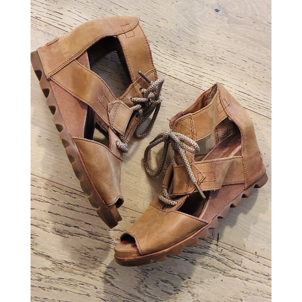 Sorel Joanie II Lace Up Open Toe Leather Wedge Sandals Women’s Size 9 Brown